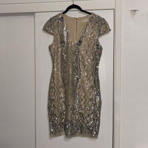 Just Me Silver Sequin Nude Beaded Mini Dress